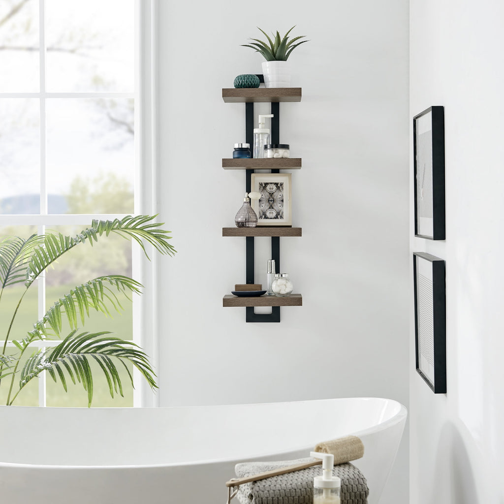 Danya B. 4-Tier Ladder Bracket Floating Wall Shelves - Black Metal and Walnut Finish