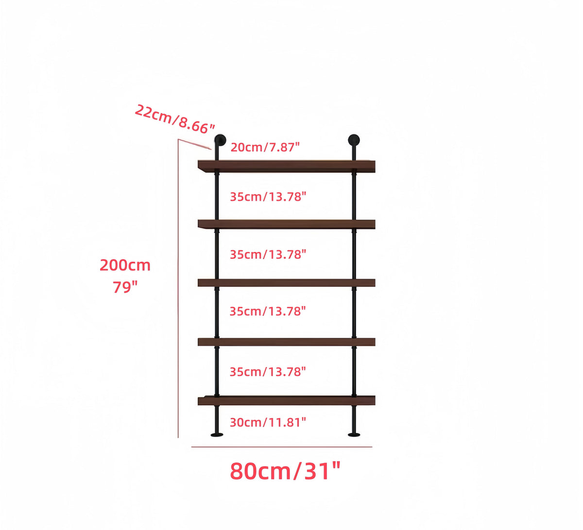 31in Industrial Wall Mounted Wine Rack, 5-Tier Rustic Metal Floating Shelves, Large Capacity Wall Bar Shelves for Liquor Bottles for Home Bar & Dining Room, Walnut(Without Lights, 80cm/31in)