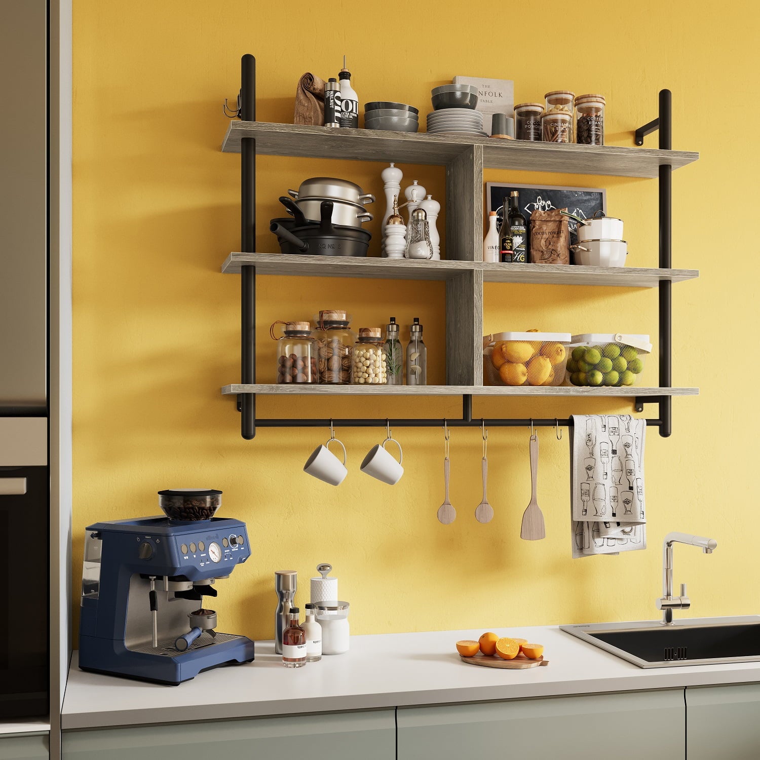 Bestier 41" Industrial Pipe Shelves Wall Mount, 3-Tier Floating Shelves for Kitchen Bedroom Bathroom in Grey