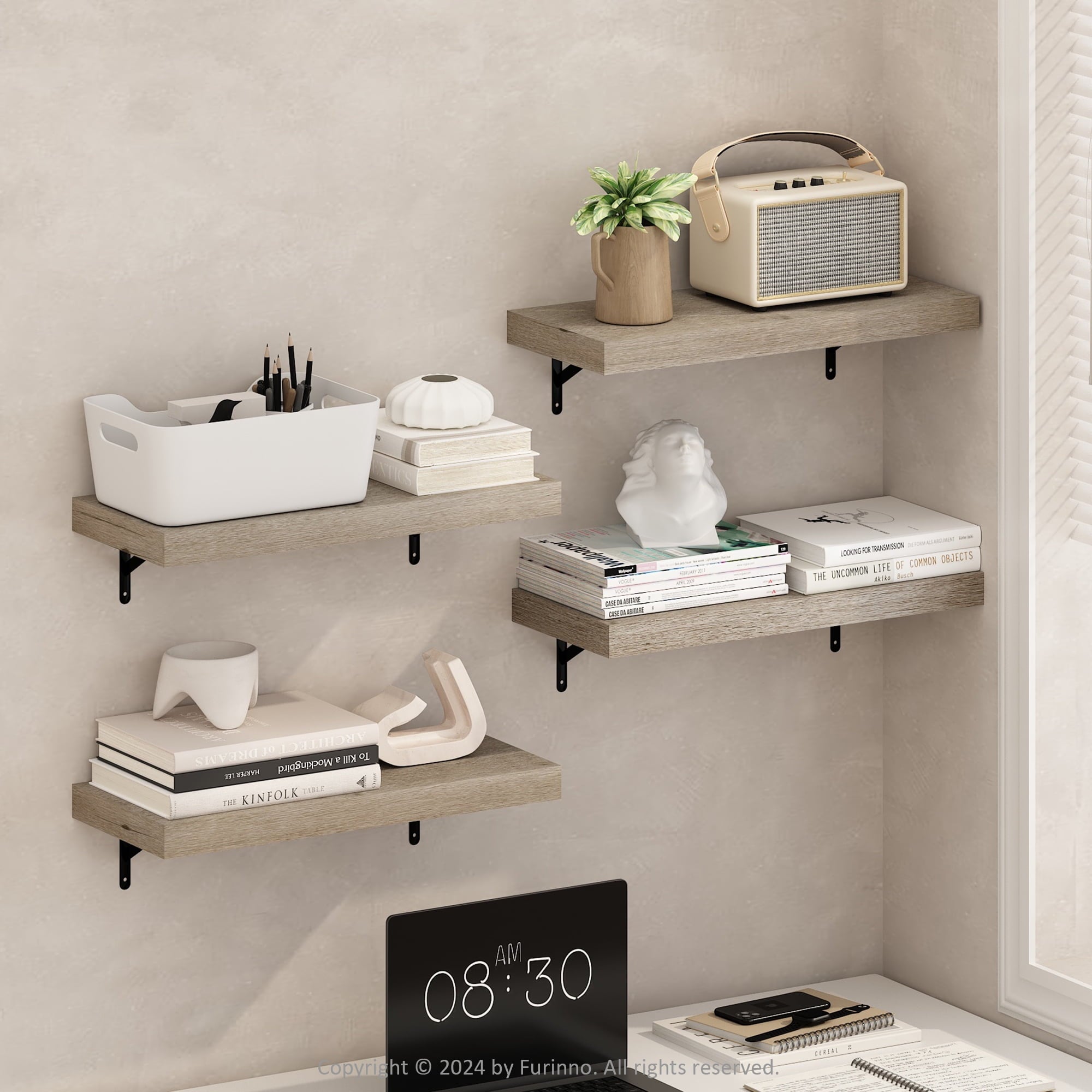 Furinno TANNA 22-Inch Wall Mounted Floating Display Shelves in Natural Set of 4