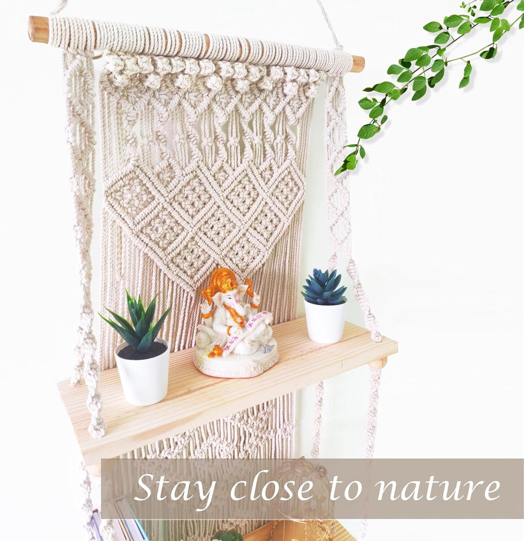 Macrame Wall Hanging Shelf 3 Tier Boho Wall Plant Hanger Shelves, Handmade of Woven Rope Boho Shelves Organizer for Living Room Bathroom Home Storage Floating Plant Rack Bohemian décor