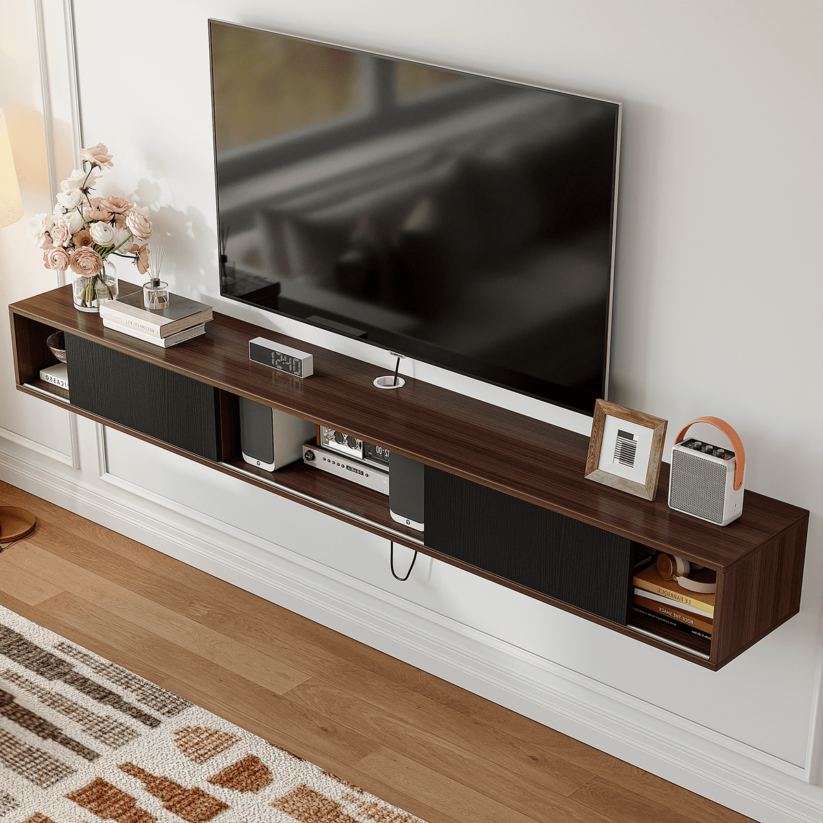 ​​FloatiCasa 78" Floating TV Stand Wall Mounted Floating TV Shelf for TVs up to 78" Entertainment Center with Sliding Doors & Cable Management