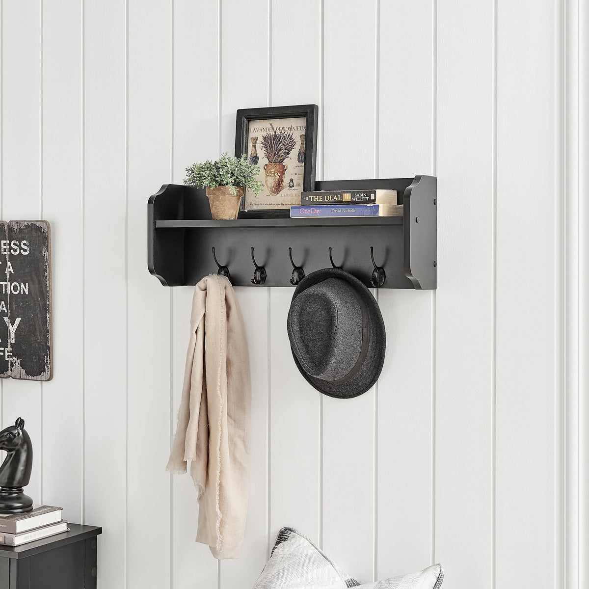 Entryway Floating Utility Wall Shelf with Hooks - Wall Mounted - Black