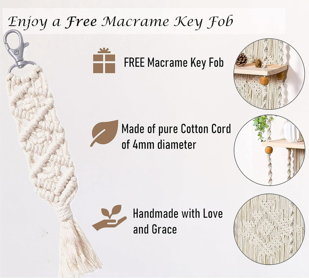 Macrame Wall Hanging Shelf 3 Tier Boho Wall Plant Hanger Shelves, Handmade of Woven Rope Boho Shelves Organizer for Living Room Bathroom Home Storage Floating Plant Rack Bohemian décor
