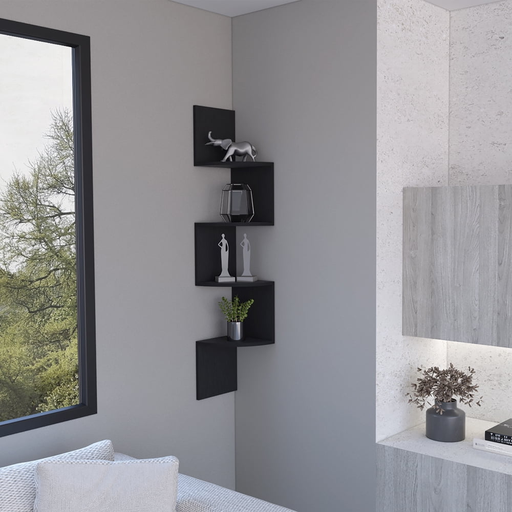 Lisonu Modern 4-Tier Wall Shelf, Black Vertical Floating Bookshelf for Living Room, Space-Saving Display Shelf, Engineered Wood