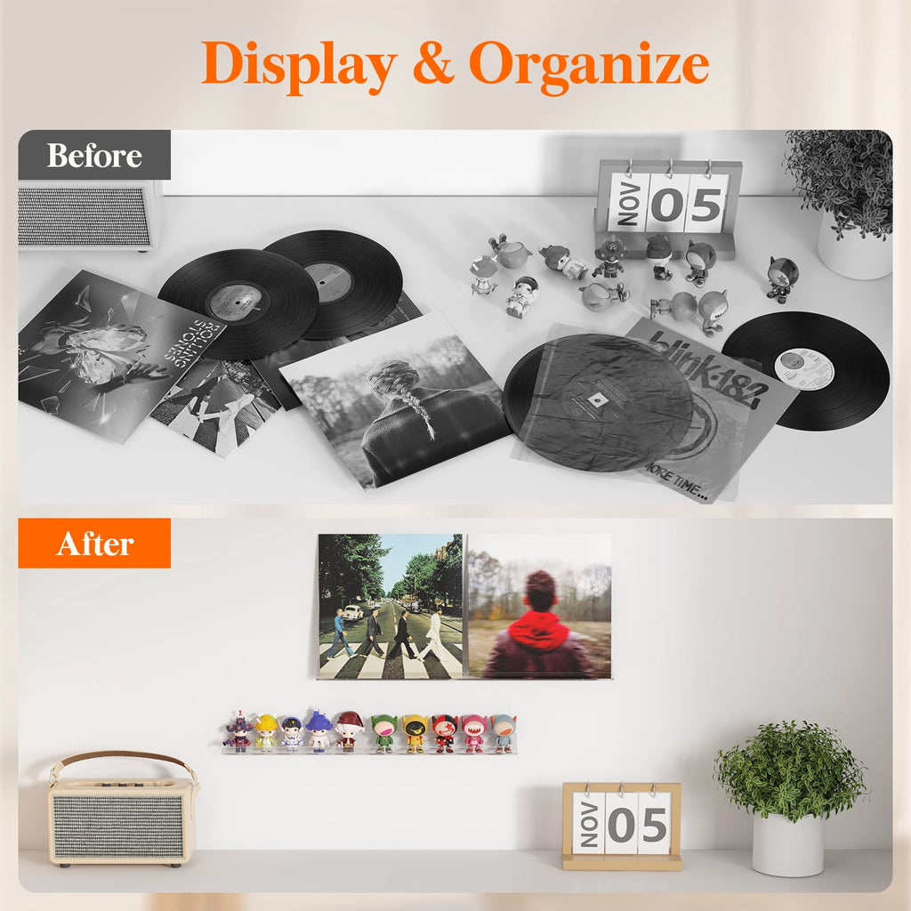 Lifewit Floating Shelves for Vinyl Record, 12 Pack 12" Clear Acrylic Wall Shelf Room Decor for Book/Photo/Picture/Makeup Display in Bedroom, Living Room, Bathroom Storage and Organization