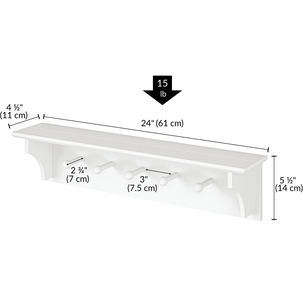 Ballucci Wall Coat Rack Shelf, Entryway Floating Shelf Rack, 5 Pegs, 24", White