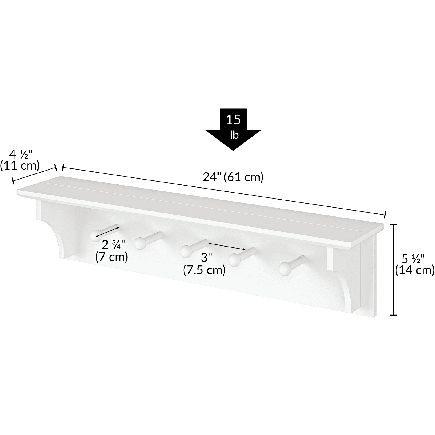 Ballucci Wall Coat Rack Shelf, Entryway Floating Shelf Rack, 5 Pegs, 24", White