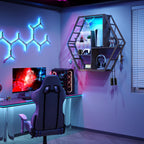ModFurne LED Wall Shelves - Lighted Display Shelves With Extra Hooks For Gaming Rooms & Bars. Modern Black Floating Shelves With Built-In LED Lighting