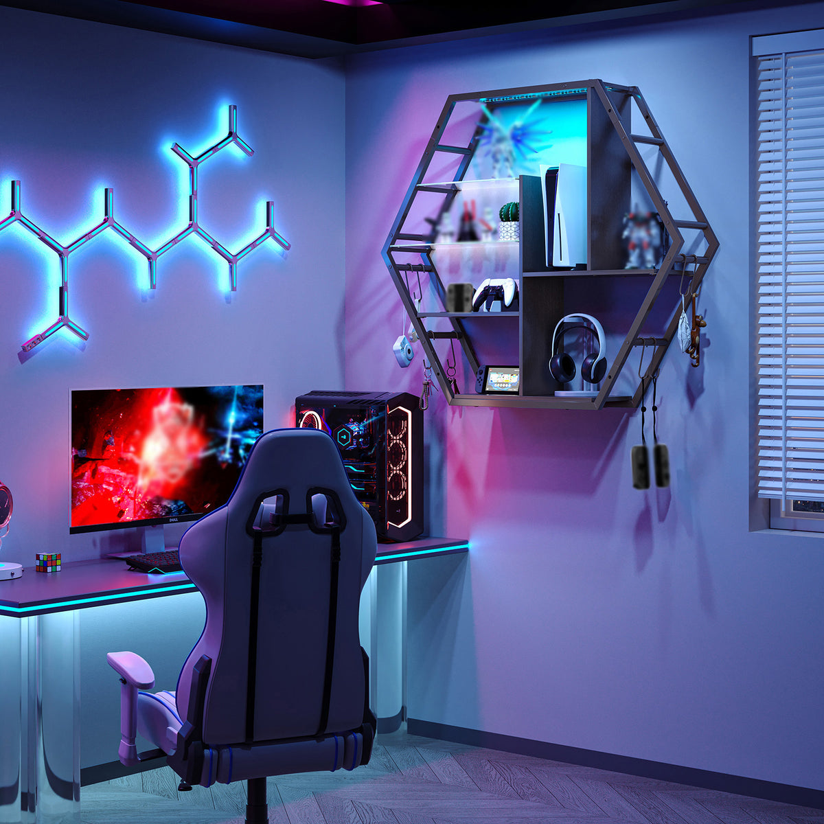ModFurne LED Wall Shelves - Lighted Display Shelves With Extra Hooks For Gaming Rooms & Bars. Modern Black Floating Shelves With Built-In LED Lighting