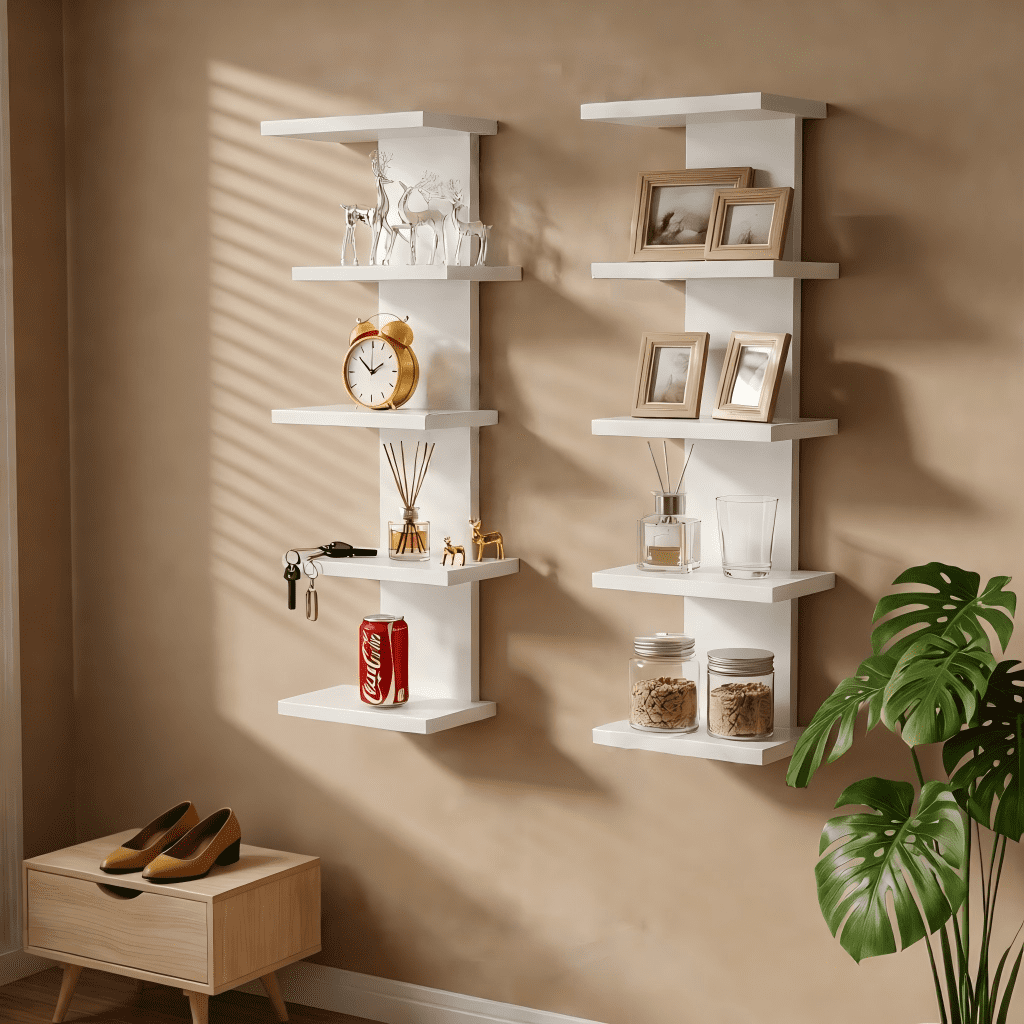 5 Tier Asymmetric Floating Wall Shelf, White Modern Storage Organizer for Bedroom & Living Room