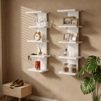 5 Tier Asymmetric Floating Wall Shelf, White Modern Storage Organizer for Bedroom & Living Room