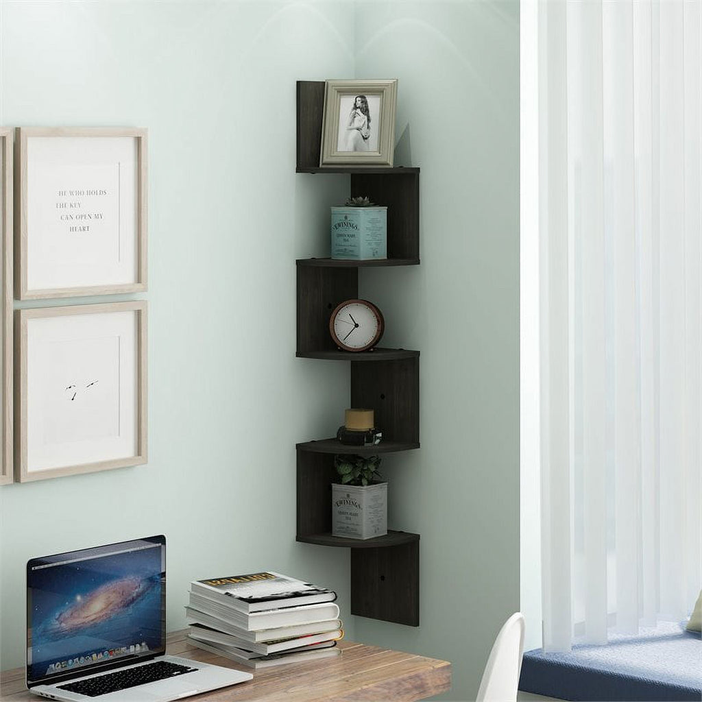 Furinno FR16122EX 5 Tier Wall Mount Floating Radial Corner Shelf, Espresso