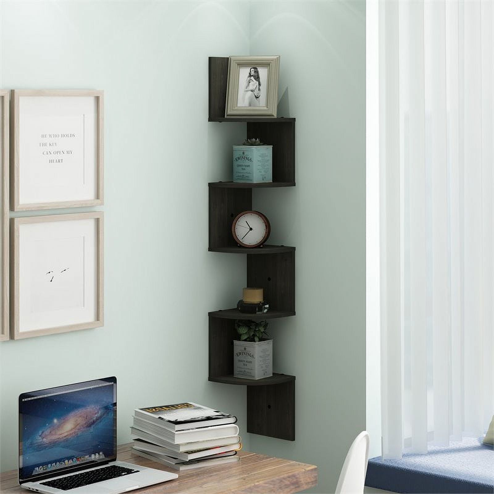 Furinno FR16122EX 5 Tier Wall Mount Floating Radial Corner Shelf, Espresso