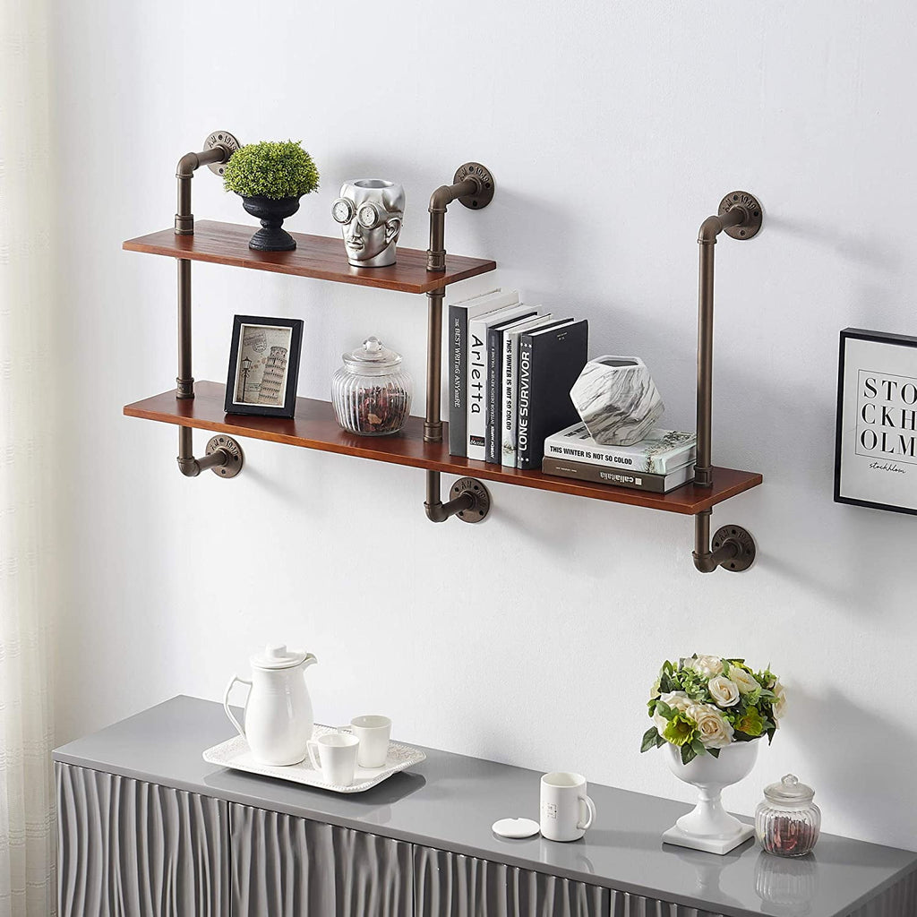 Ivinta 2-Tier Shelf Industrial Pipe Shelving Farmhouse Floating Shelves Wall Bookshelf for Kitchen Living Room Bathroom