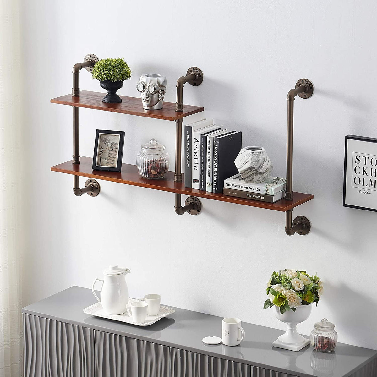Ivinta 2-Tier Shelf Industrial Pipe Shelving Farmhouse Floating Shelves Wall Bookshelf for Kitchen Living Room Bathroom