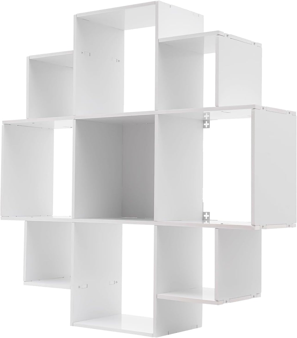 Wall Mounted Book Shelf Modern 3-Tier Floating Shelf Bookcase with 9 Compartments Wall Storage Shelves Floating Cube Shelf for Living Room Decoration Decor (White)