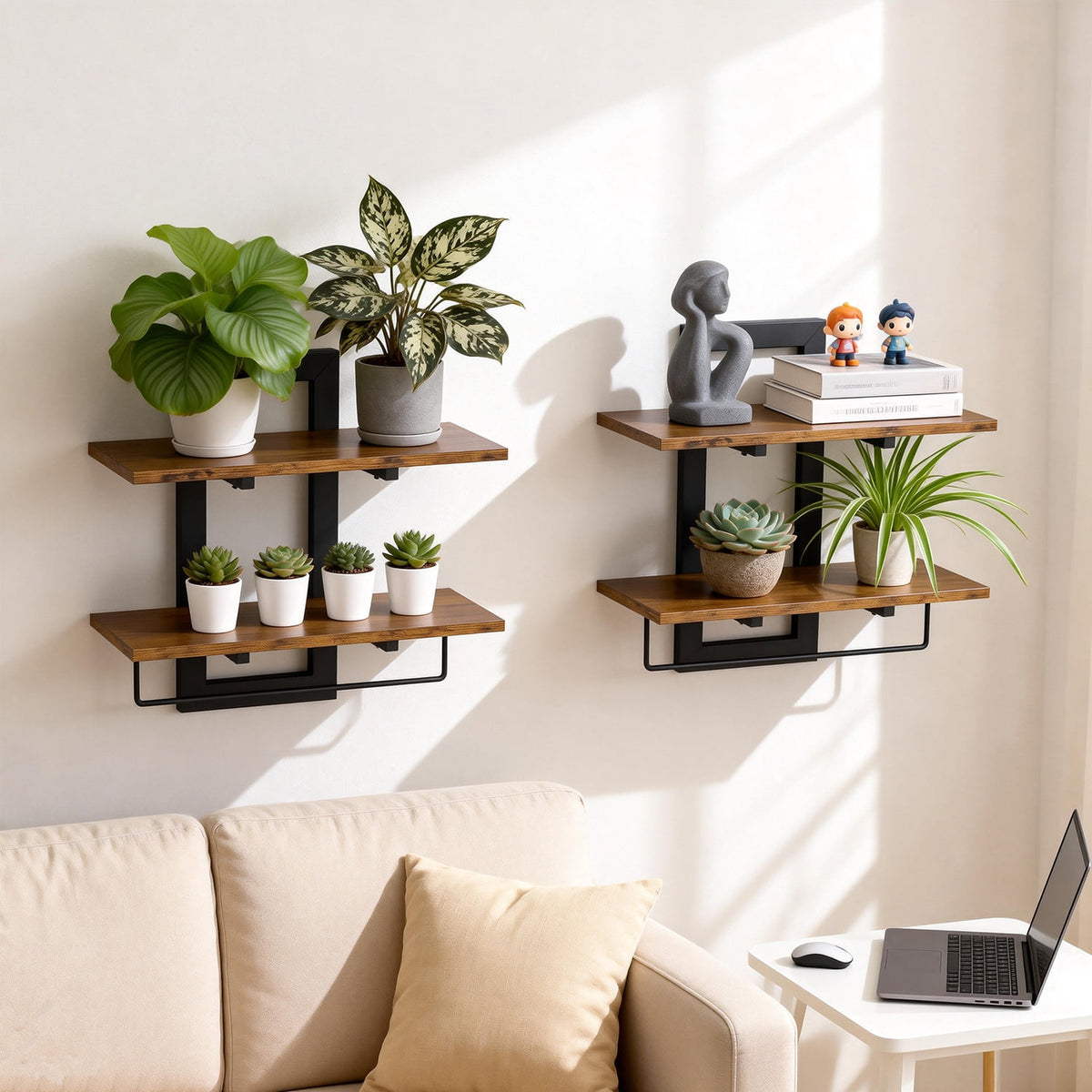 2 Pack 2 Tier Floating Wall Shelves, Rustic Wood Wall Mount Storage Organizer, Decorative Wall Display Rack for Bedroom Living Room Bathroom
