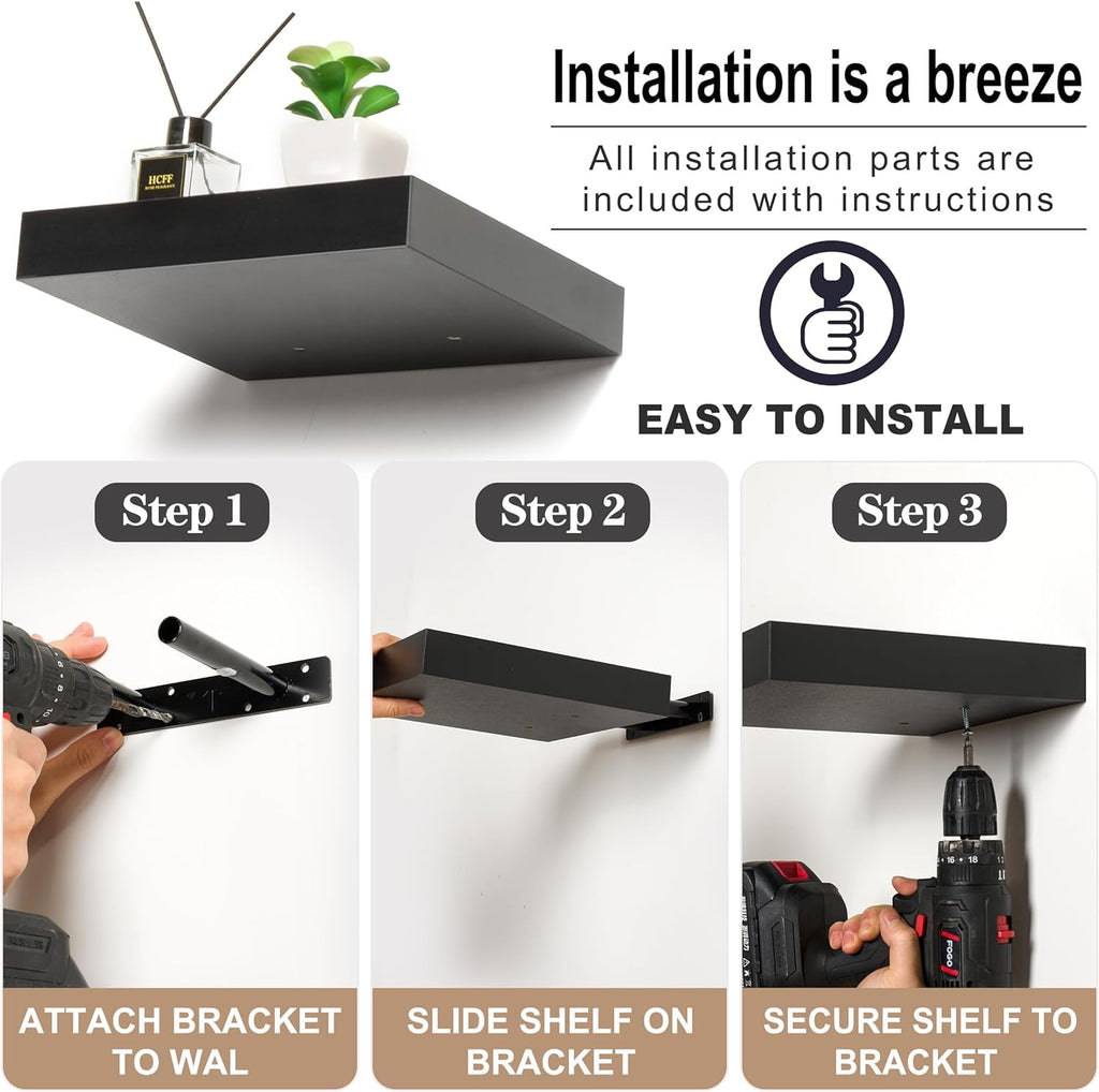 Sorbus Square Floating Shelf for Wall - 3 Small Shelves with Invisible Mounting Brackets for Living Room Decor, Bedroom, Bathroom Decor, Home & Kitchen - 9" Black Wall Shelf to Display Photos Trophies