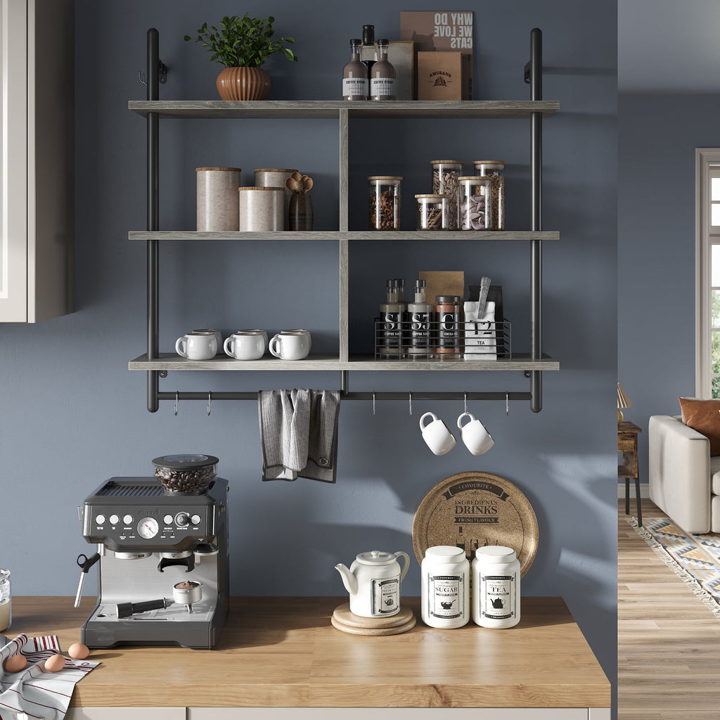 Bestier 41" Industrial Pipe Shelves Wall Mount, 3-Tier Floating Shelves for Kitchen Bedroom Bathroom in Grey