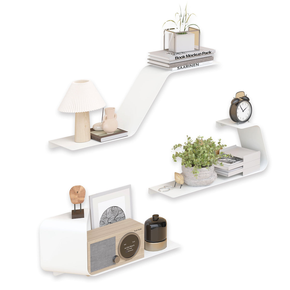 Sttoraboks Floating Shelves, Wall Shelf, Set of 3 Wall Mounted Metal Shelves with DIY Design for Wall Storage,White