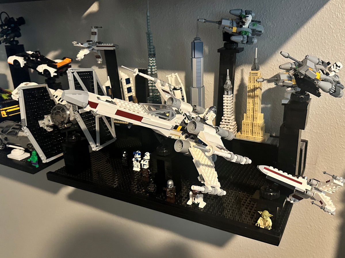 Brickmaster Displays - XL Shelves Floating Shelves for Building Block Display - Compatible as a Lego Display Shelf - Floating Shelves for Wall - Works with Major Building Blocks - Black, 2-Pack