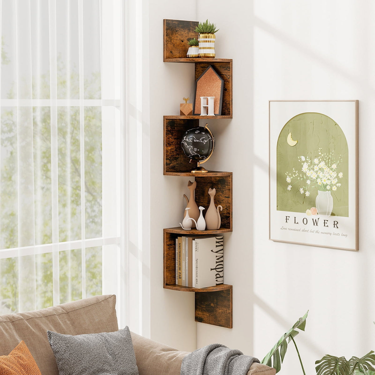 Topbuy 5-Tier Corner Shelf Wall Mount Floating Corner Bookshelf Industrial Corner Ladder Shelf Coffee