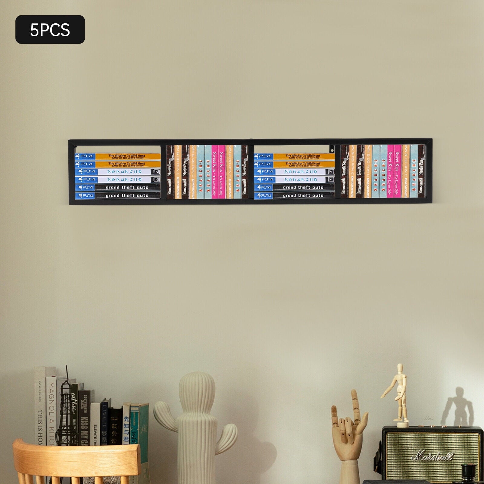 Set of 5 Video Game Rack,Wall Mount CD DVD Storage Shelf, 34 Inch Media Storage Rack Metal Floating Shelf Black,CD Rack