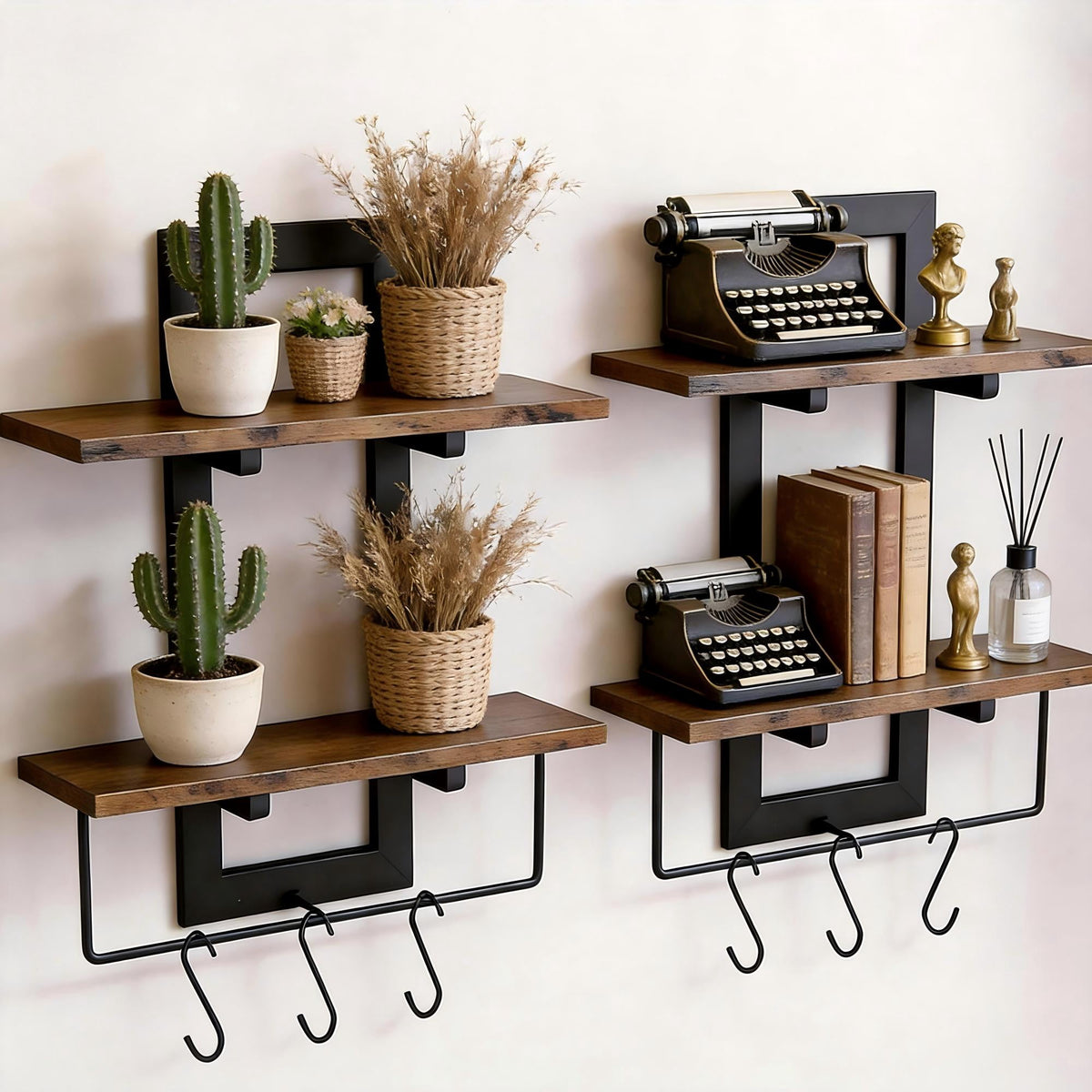 2 Pack 2 Tier Floating Wall Shelves, Rustic Wood Wall Mount Storage Organizer, Decorative Wall Display Rack for Bedroom Living Room Bathroom