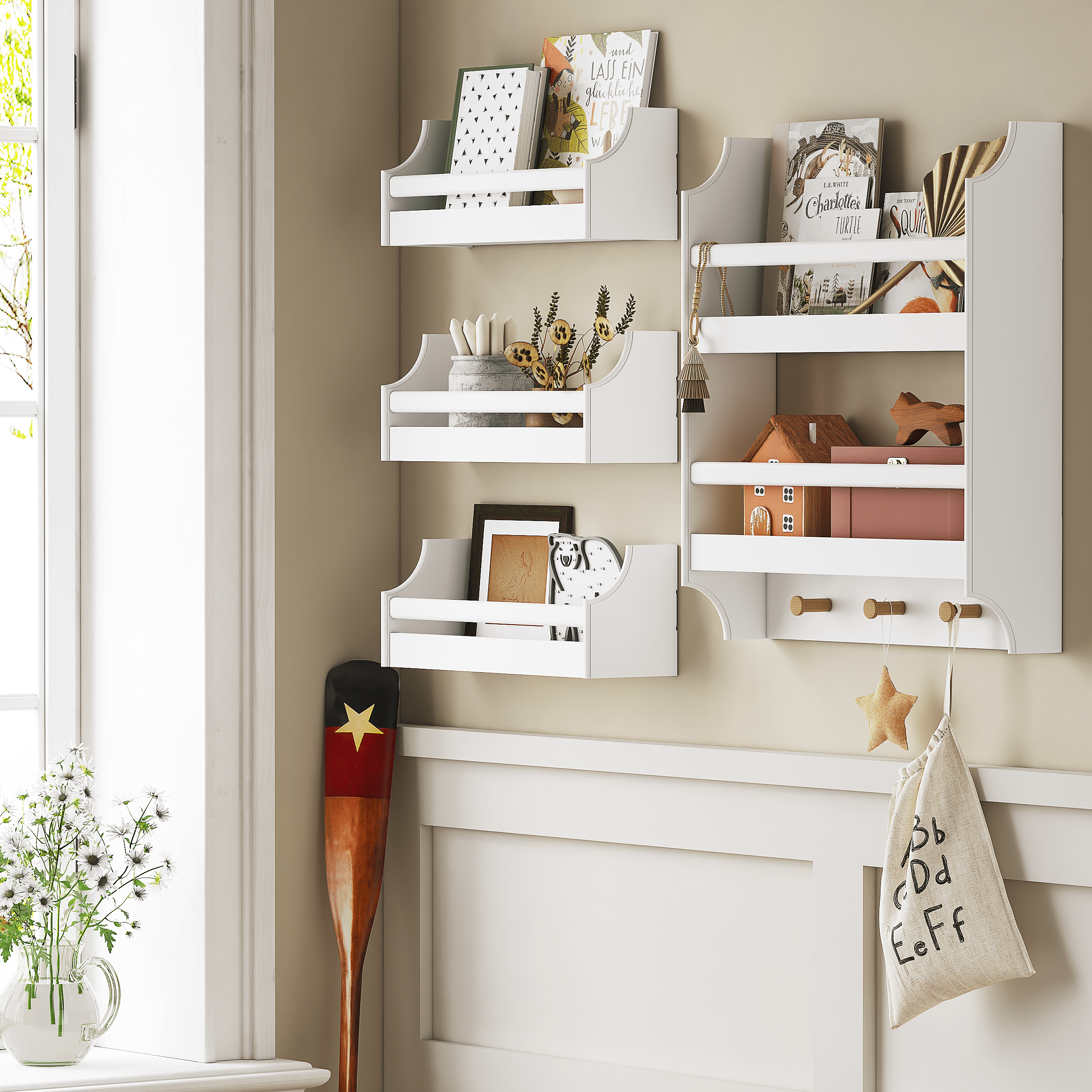 STAROUS 2-Tier Hanging Bookshelves for Wall Decor and Storage Floating Nursery Book Shelves with Hooks, Wall Mounted Baby Book Shelf