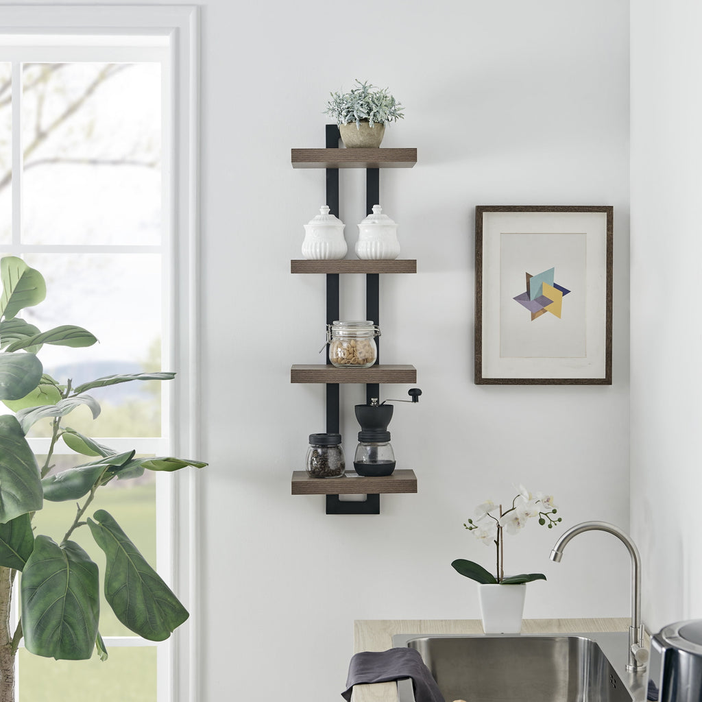 Danya B. 4-Tier Ladder Bracket Floating Wall Shelves - Black Metal and Walnut Finish
