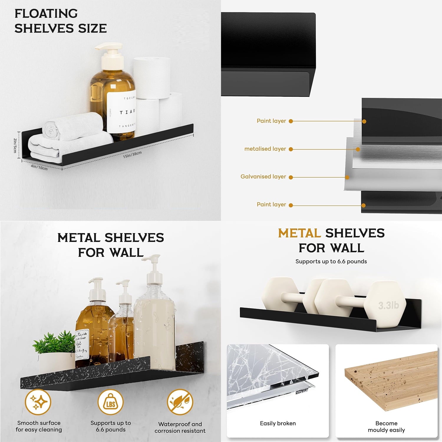 Floating Metal Wall Shelves Picture Ledge W/Lip, Set of 5 Heavy Duty Modern Farmhouse Rustic Designed Shelf (15in Black)