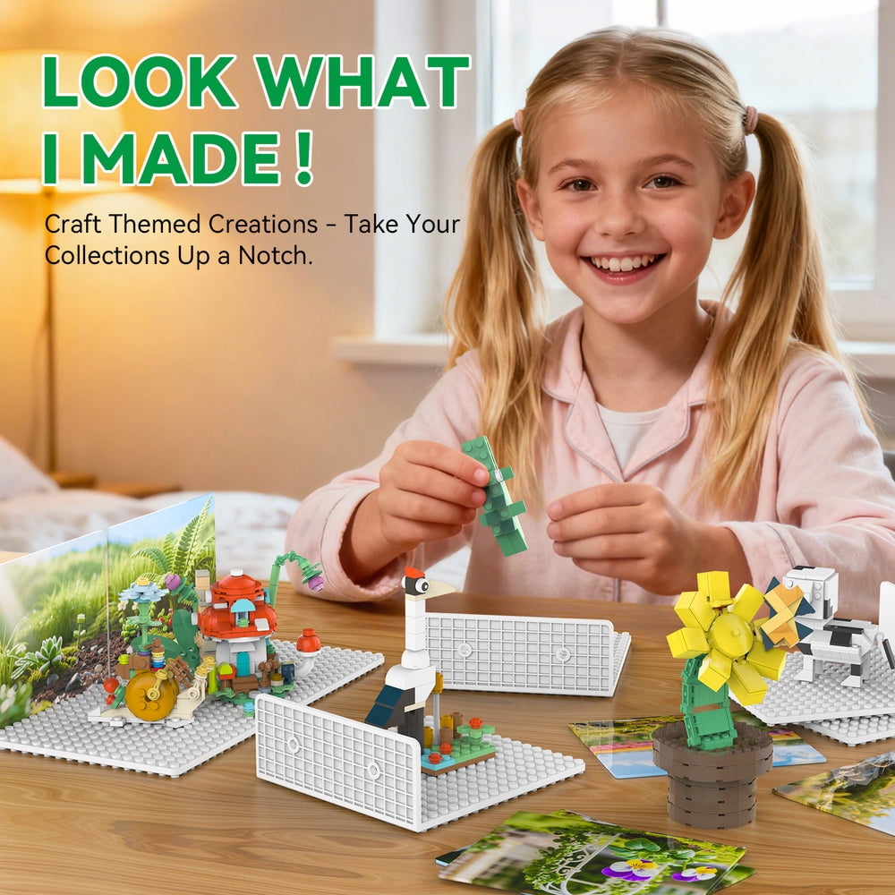 BlissBox 6-pack Floating Shelves, Lego Compatible, Flower Garden Theme, Toy Brick Storage Display, White