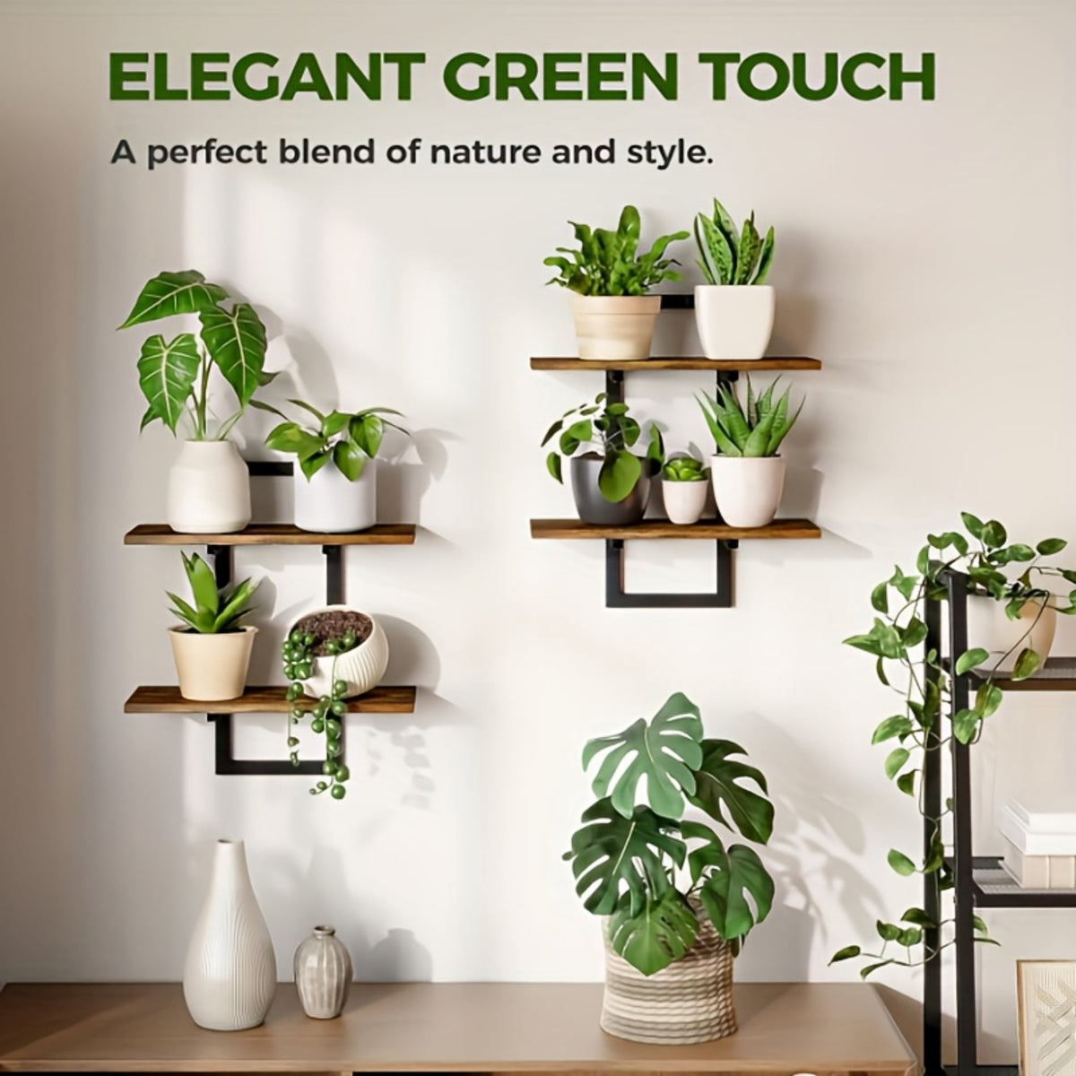 MEHOOM 2-Pack 2-Tier Floating Shelves for Wall, 15" Wall-Mounted Plant Shelves with Heavy-Duty Metal Frame, Rustic Brown Storage Shelves for Living Room, Bedroom, Bathroom and Kitchen