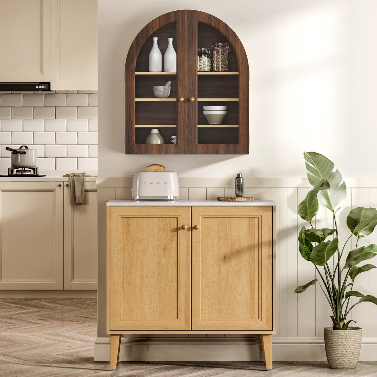 EYYTHUNG Modern Arched Wall Cabinet, Farmhouse Bathroom Storage Cabinet Large Medicine Cupboard with Adjustable Shelf, Brown Oak