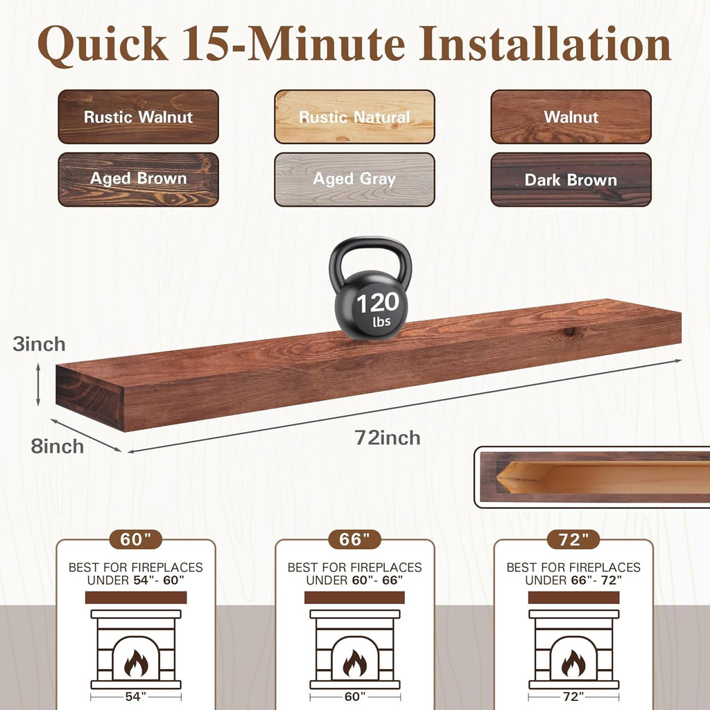 72 inch Walnut Handcrafted Solid Mantel Shelf for Over Fireplace - Wall Mounted Floating Mantel Shelf with Invisible Brackets