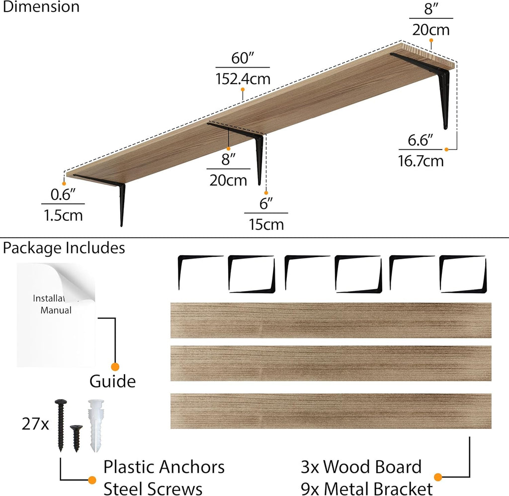 Wallniture Arras 60 inch Long, 8" Deep Rustic Floating Shelves for Wall Decor, Wall Bookshelf Living Room, Shelves for Kitchen, Pantry Floating Shelf, Set of 3, Burnt, Wood