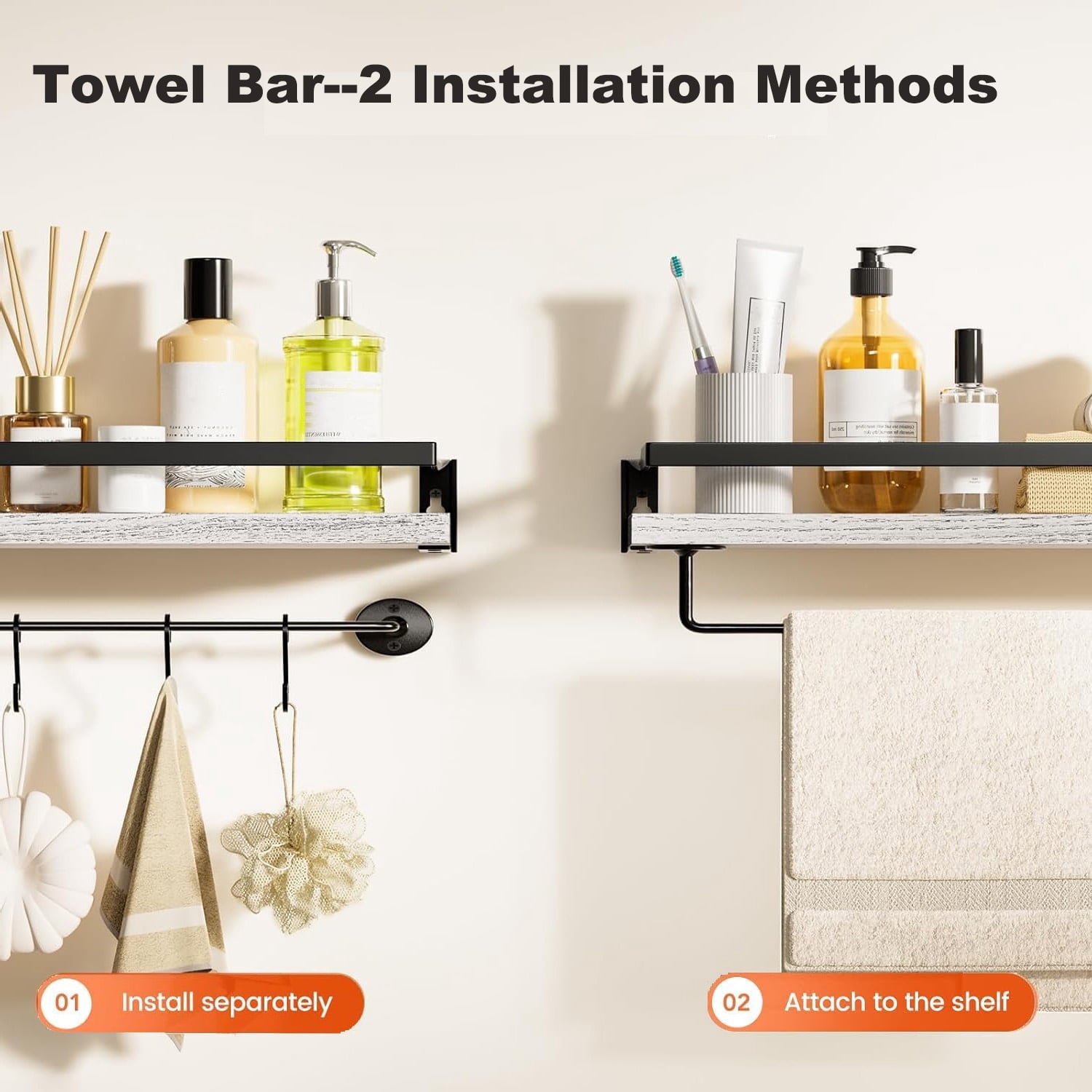 16" Wall-Mounted Floating Shelves W/Rack & Towel Bar, Home Decor 2-Tier White Wood Storage Shelf for Livingroom Kitchen Bedroom, Bathroom Shelves Over The Toilet