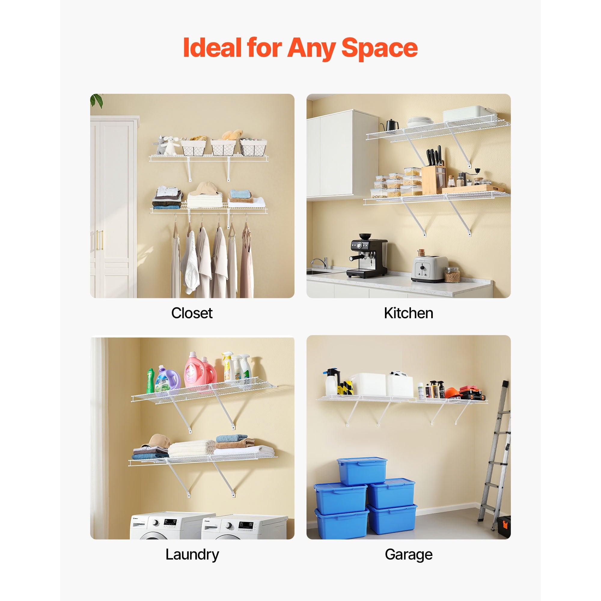 KFFKFF Wire Shelf Kit, 4 ft, Set of 2, Wall-Mounted Storage Shelves, Durable Carbon Steel Construction with Protective Coating, Floating Shelves for Closet, Bedroom, Living Room, Office, or Pantry