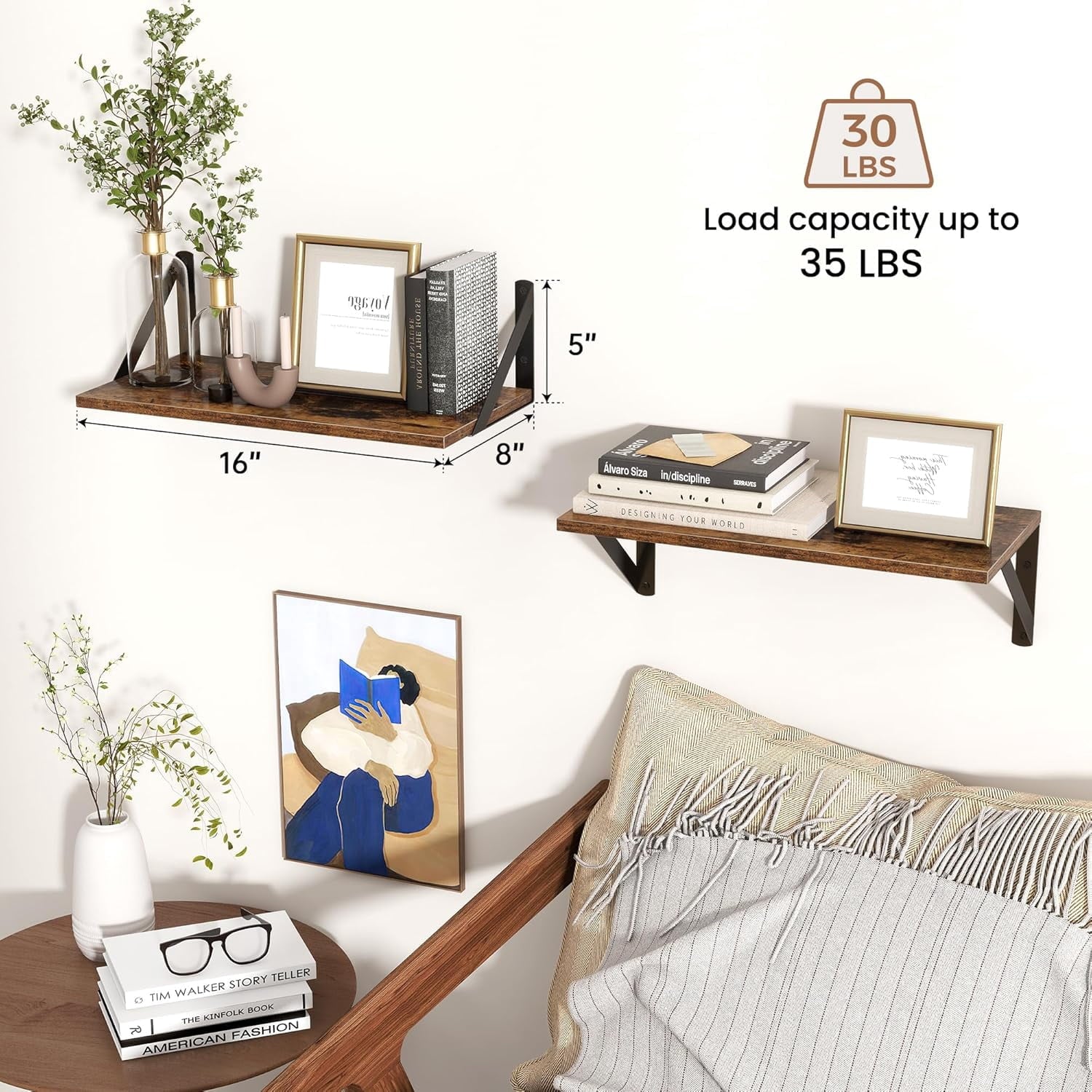Floating Shelves for Wall, 16W x 8D Wood Floating Shelves Set of 2, 8'' Deep Rustic Wall Shelves for Bookshelf Living Room Bedroom Home Office Bathroom