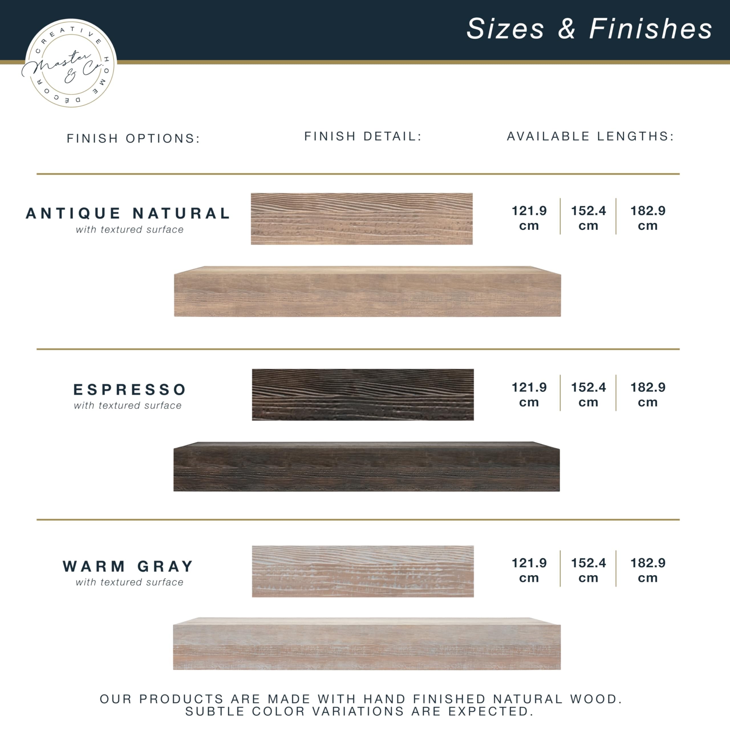 MCS 60-Inch Mantel, Master & Co Antique Natural Finish Solid Wood Floating Fireplace Mantel, Long Floating Shelf for Livingroom with Wood Cleat Hanging System, Photo and Home Decor Display Shelf