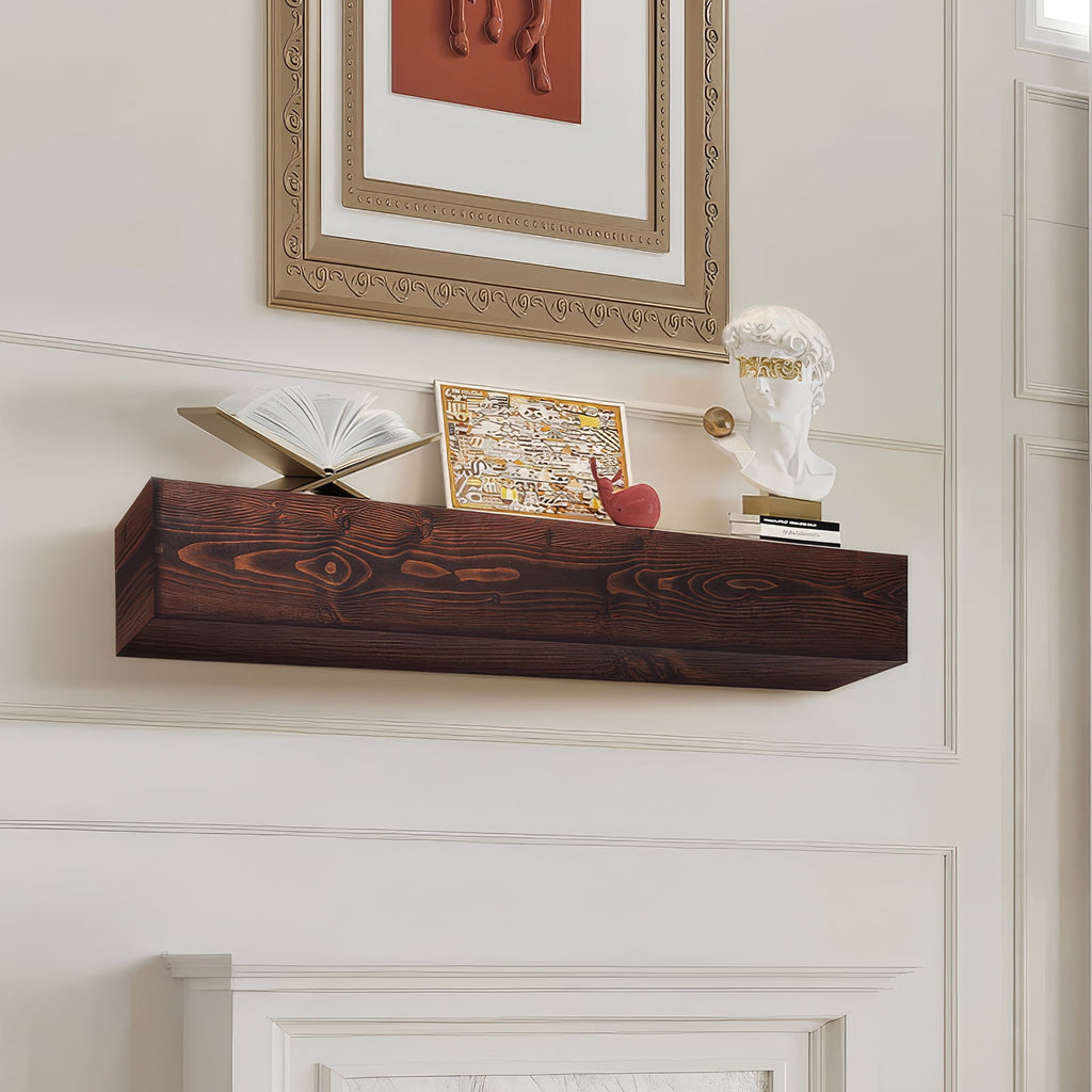 KFFKFF Wooden Fireplace Mantel, 60" x 8" x 6", 50 lbs Load Capacity, Natural Wood Shelf for Fireplace or Wall, Wall-Mounted Floating Farmhouse Design, Handcrafted Rustic Brown Mantel for Home Decor