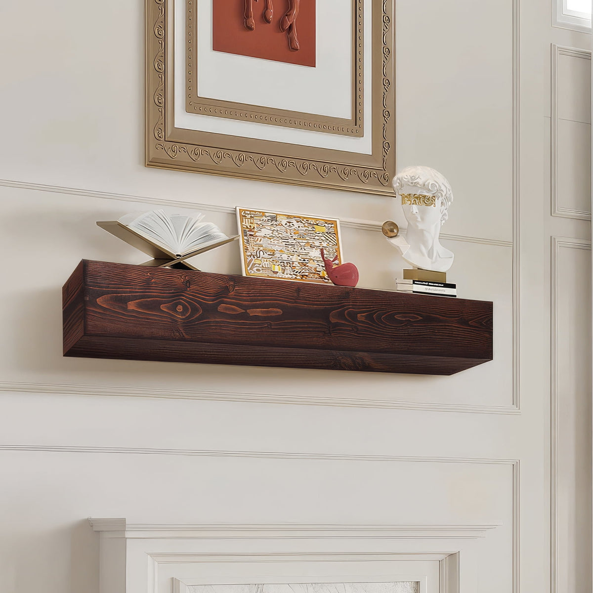 KFFKFF Wooden Fireplace Mantel, 60" x 8" x 6", 50 lbs Load Capacity, Natural Wood Shelf for Fireplace or Wall, Wall-Mounted Floating Farmhouse Design, Handcrafted Rustic Brown Mantel for Home Decor