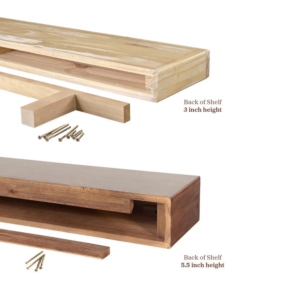 Mantels Direct - Dakota Pine Wood Whitewash Floating Shelf, Box-Constructed Wood  with 8" Depth, Sturdy 60 x 3-Inch Wood Floating Mantel