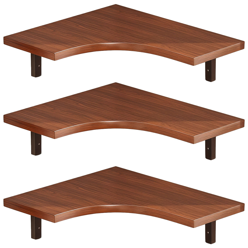 Floating Corner Shelf Wall Mounted, 3-Tier Storage Shelf for Living Room, Bedroom, Kitchen, Black Metal Brackets, Rustic Wood, Easy Install for Space Saving