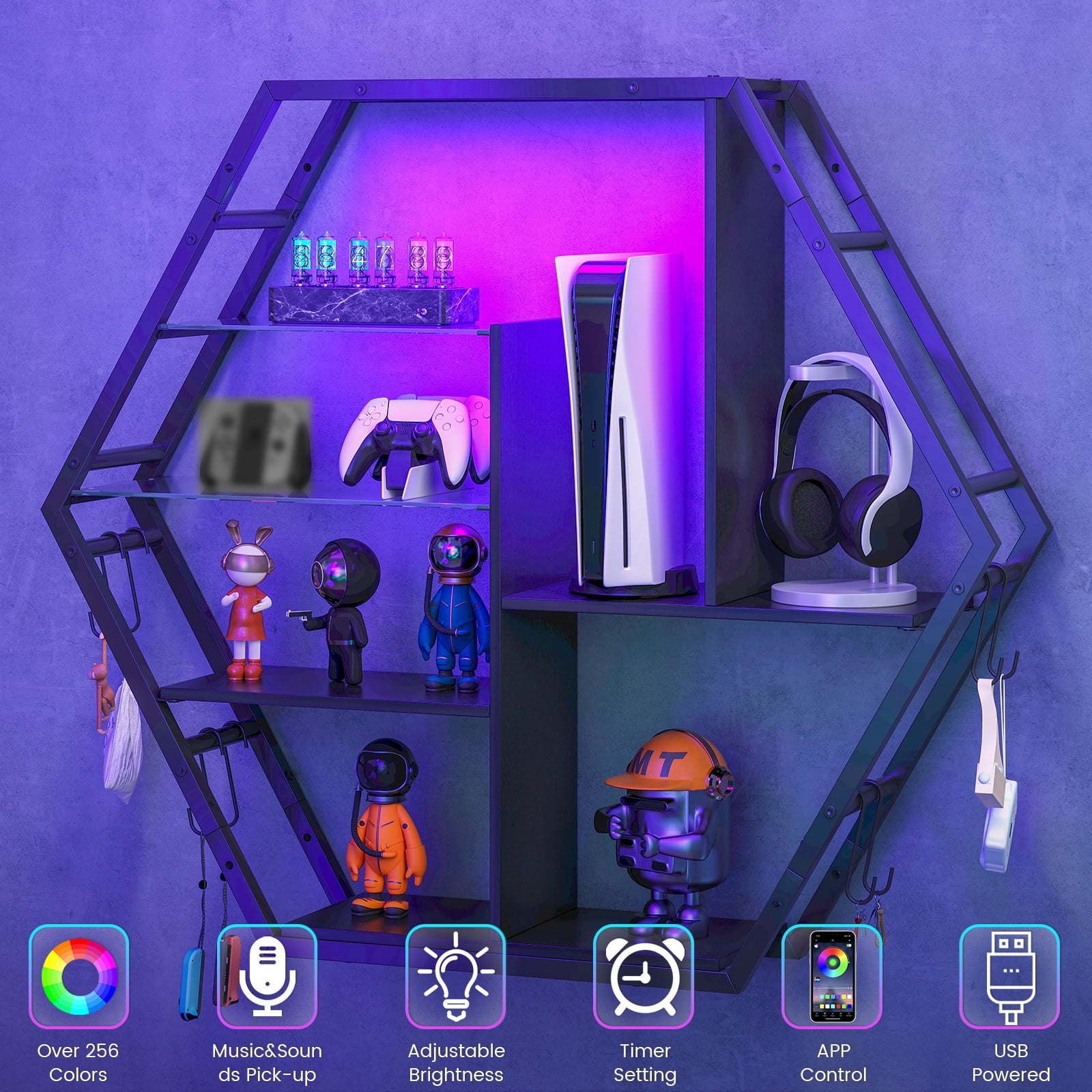 Floating Shelves with Lights, Led Shelves for Wall, Gaming Room Decor Display Shelf, Lighted Bar Shelves, Extra Hanging Hooks Storage, Sturdy Fast Assembly Great Weight Capacity