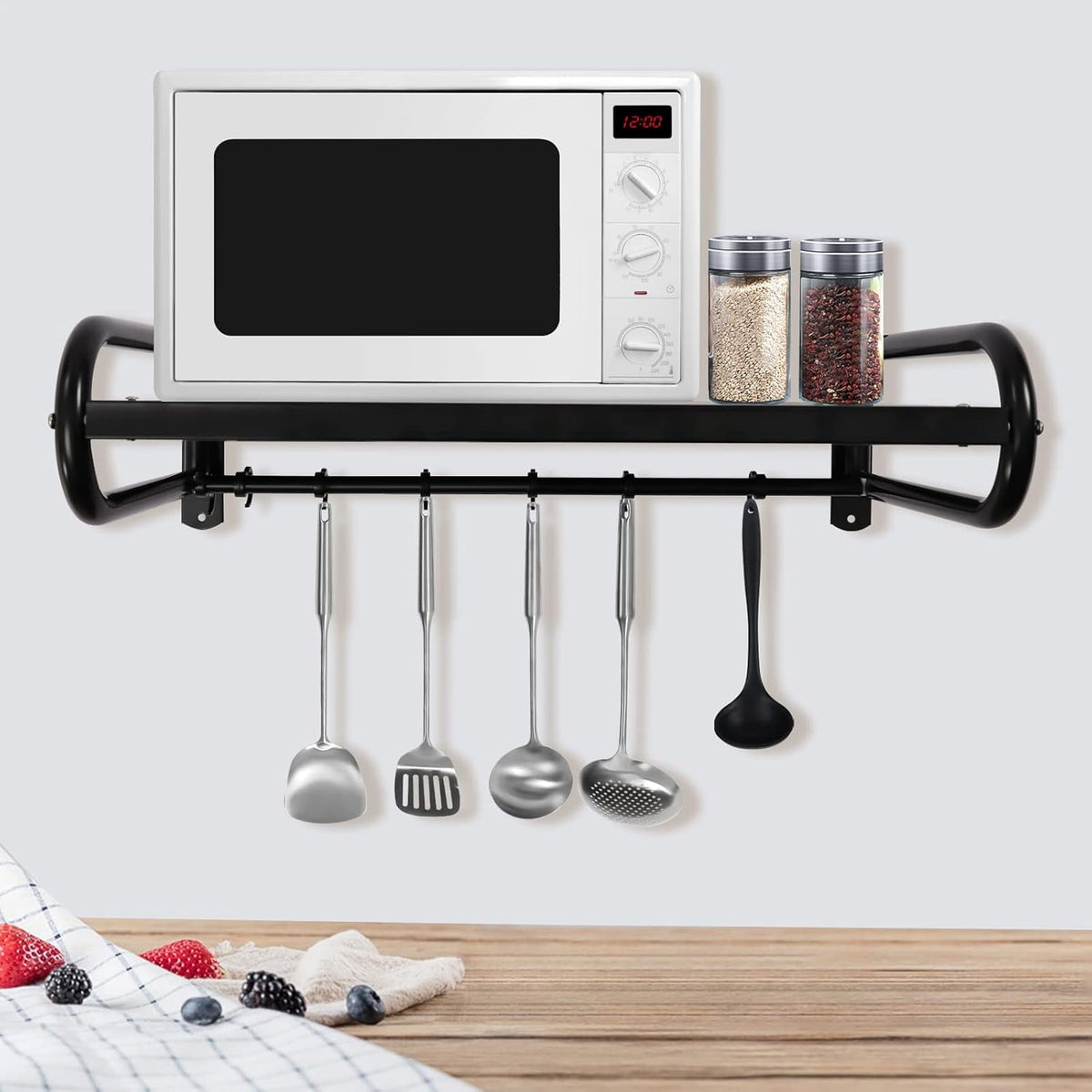 Miumaeov 20 x 15'' Carbon Steel Wall Shelf with 6 Hooks Wall Mounted Rack for Microwave or Household Grade Wall Mount Shelf with Fixing Kit Multifunctional Floating Shelves (Black)
