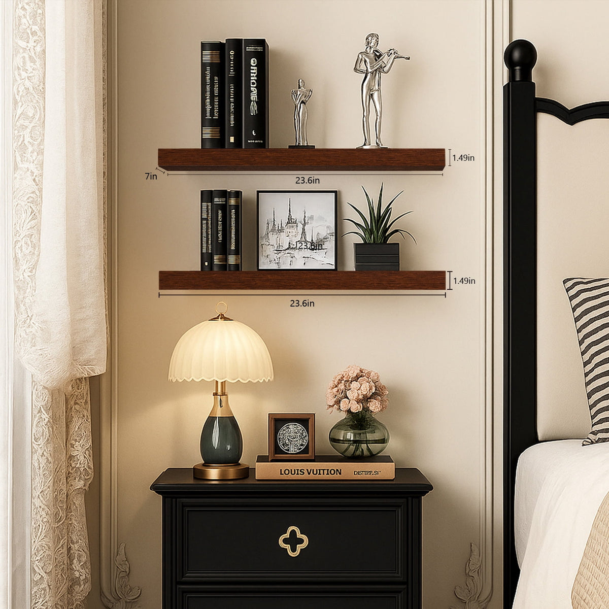 Mifurn Walnut 23.6'' Floating Shelves for Wall, Set of 2 Wall Mounted Wood Shelves for Bedroom, Bathroom, Kitchen