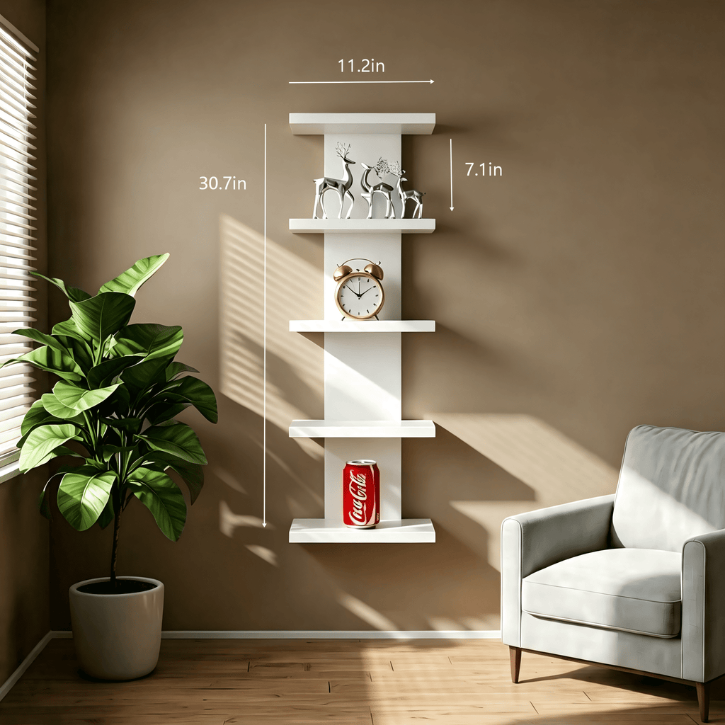 5 Tier Asymmetric Floating Wall Shelf, White Modern Storage Organizer for Bedroom & Living Room