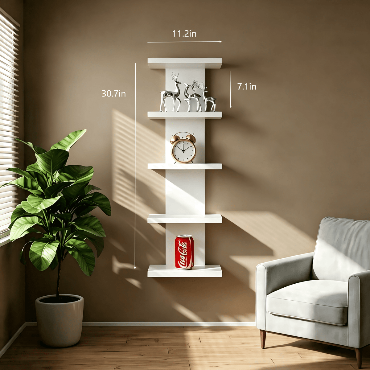 5 Tier Asymmetric Floating Wall Shelf, White Modern Storage Organizer for Bedroom & Living Room